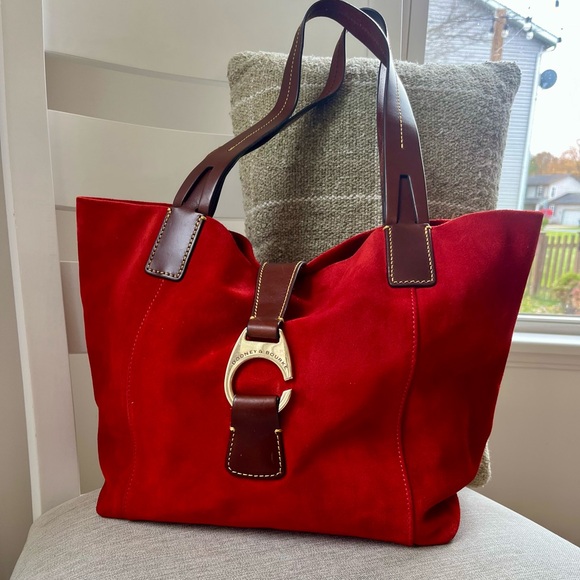 Dooney & Bourke Handbags - Dooney & Bourke Red Suede Tote with Leather Trim | Statement Lock Bag